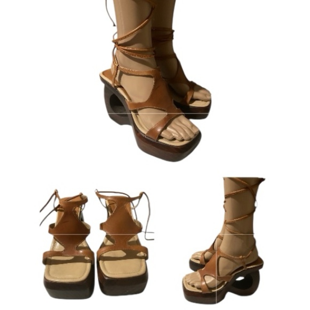 El Dantes Vintage Wooden Platform Cowhide Leather Sandals